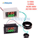 100A 200A 110V 220V Digital Ammeter Voltmeter Voltage Current Meter LCD Panel Red Green Display with AC Current Transformer