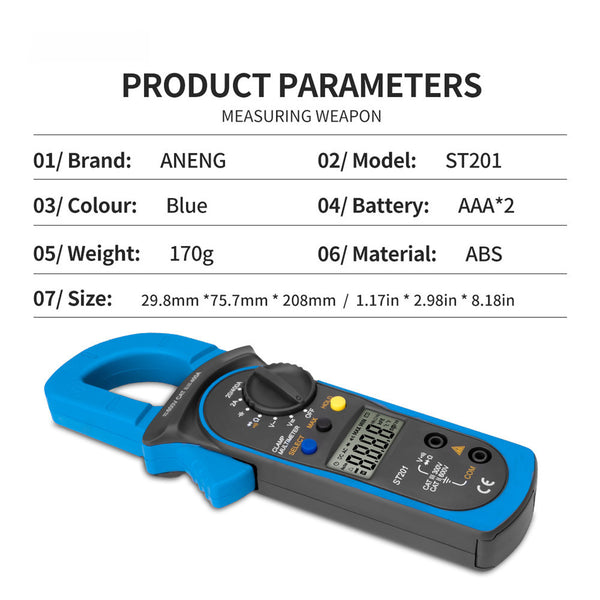 ST201 Automatic Digital Clamp Meter Current Multimeter AC/DC Voltage  Resistance Diode Tester(Blue)