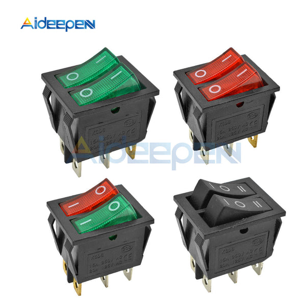 5PCS KCD6 Rocker Switch ON OFF ON/ON OFF 4 Pin 6PIN 15A 250V Double Boat Power Switch Double Ship Type With Light 25*31MM