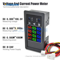 DC 100V 10A 1000W Digital Voltmeter Ammeter Wattmeter 4 digit Voltage Current Tester Power Monitor Meter Red Green Blue Display