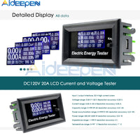 DC 120V 20A LCD Current Meters Digital Voltmeter Ammeter Voltage Wattmeter Tester Indicator Monitor Power Energy Meter Tester