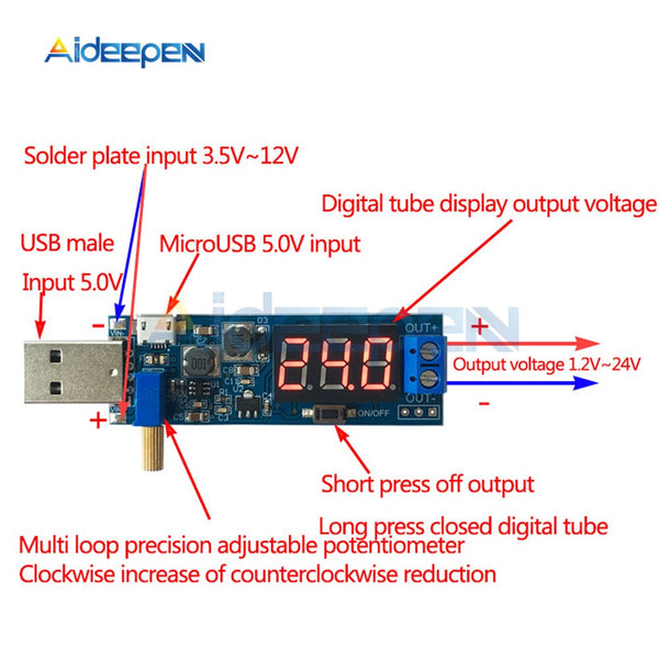 5V bis 12V 24V Spannungsanzeige USB-Boost-Modul 1-24V einstellbares 3W  Desktop-Netzteil
