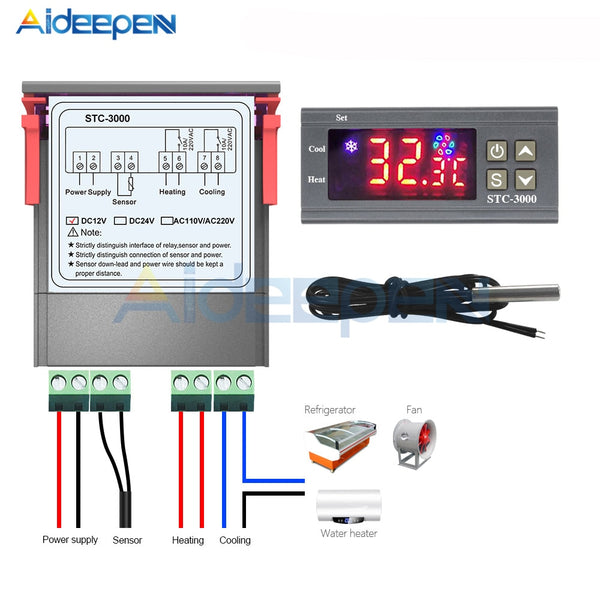 STC 3000 10A LED Digital Temperature Controller DC 12V Thermometer Thermo Controller Switch Probe Sensor with Heating Cooling