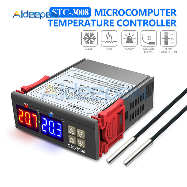 STC 3008 Led Dual Display Two way Thermostat DC 12V Red and Blue Dual Probe Micro Temperature Controller Thermometer