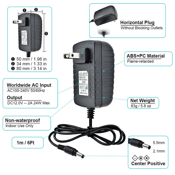 AC DC Power Supply Adapter 12V 2A US Plug 5.5x2.1mm 100-240V Charger Converter