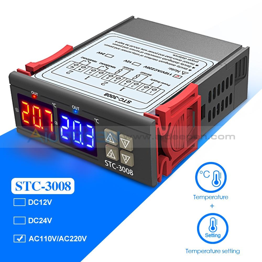Produktbild von STC-3008 Digitaler Temperaturregler – 110–220V, 2 NTC-Sonden, Dual-Display – Für Kühlschrank, Gewächshaus & Aquarium