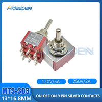 ON OFF ON 9 Pin 9 Position Mini Latching Toggle Switch 120V 5A 250V 2A MTS 303 13*16.8MM Silver Contactor