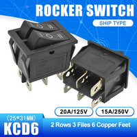 5PCS KCD6 Rocker Switch ON OFF ON/ON OFF 4 Pin 6PIN 15A 250V Double Boat Power Switch Double Ship Type With Light 25*31MM