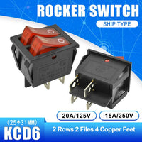 5PCS KCD6 Rocker Switch ON OFF ON/ON OFF 4 Pin 6PIN 15A 250V Double Boat Power Switch Double Ship Type With Light 25*31MM