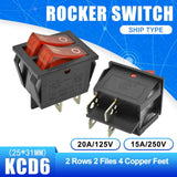 5PCS KCD6 Rocker Switch ON OFF ON/ON OFF 4 Pin 6PIN 15A 250V Double Boat Power Switch Double Ship Type With Light 25*31MM