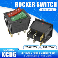 5PCS KCD6 Rocker Switch ON OFF ON/ON OFF 4 Pin 6PIN 15A 250V Double Boat Power Switch Double Ship Type With Light 25*31MM
