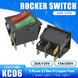 5PCS KCD6 Rocker Switch ON OFF ON/ON OFF 4 Pin 6PIN 15A 250V Double Boat Power Switch Double Ship Type With Light 25*31MM