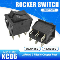5PCS KCD6 Rocker Switch ON OFF ON/ON OFF 4 Pin 6PIN 15A 250V Double Boat Power Switch Double Ship Type With Light 25*31MM