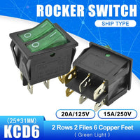 5PCS KCD6 Rocker Switch ON OFF ON/ON OFF 4 Pin 6PIN 15A 250V Double Boat Power Switch Double Ship Type With Light 25*31MM