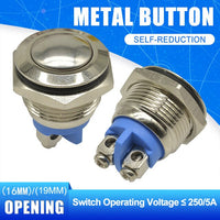 16mm 19mm Metal Push Button Switch LED Light 250V 5A Self reset Car Start Button Power Button High Flat Head with Switch Cable